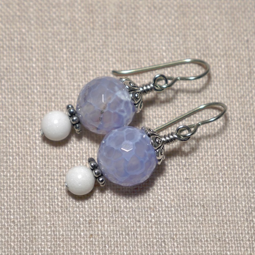 Hand Crafted Handmade Earrings Blue & White Spider Web Agate Beaded Earr…